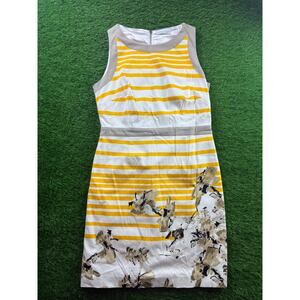 T Tahari Yellow Stripe Floral Sheath Dress Size 10 Sleeveless Zip Back Crew Neck
